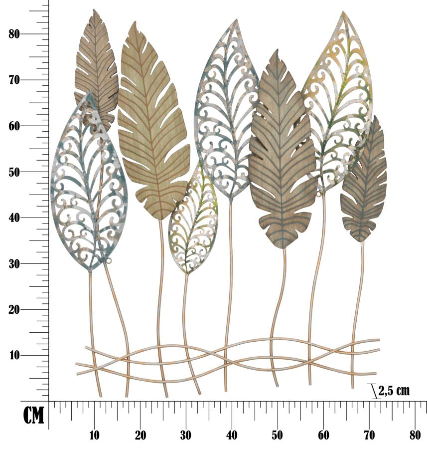 Foglie Eden Royale – Scultura Murale in Metallo e Legno, Pannello Decorativo Botanico da Parete, Design Moderno per Soggiorno, Ingresso e Camera, 75x87 cm