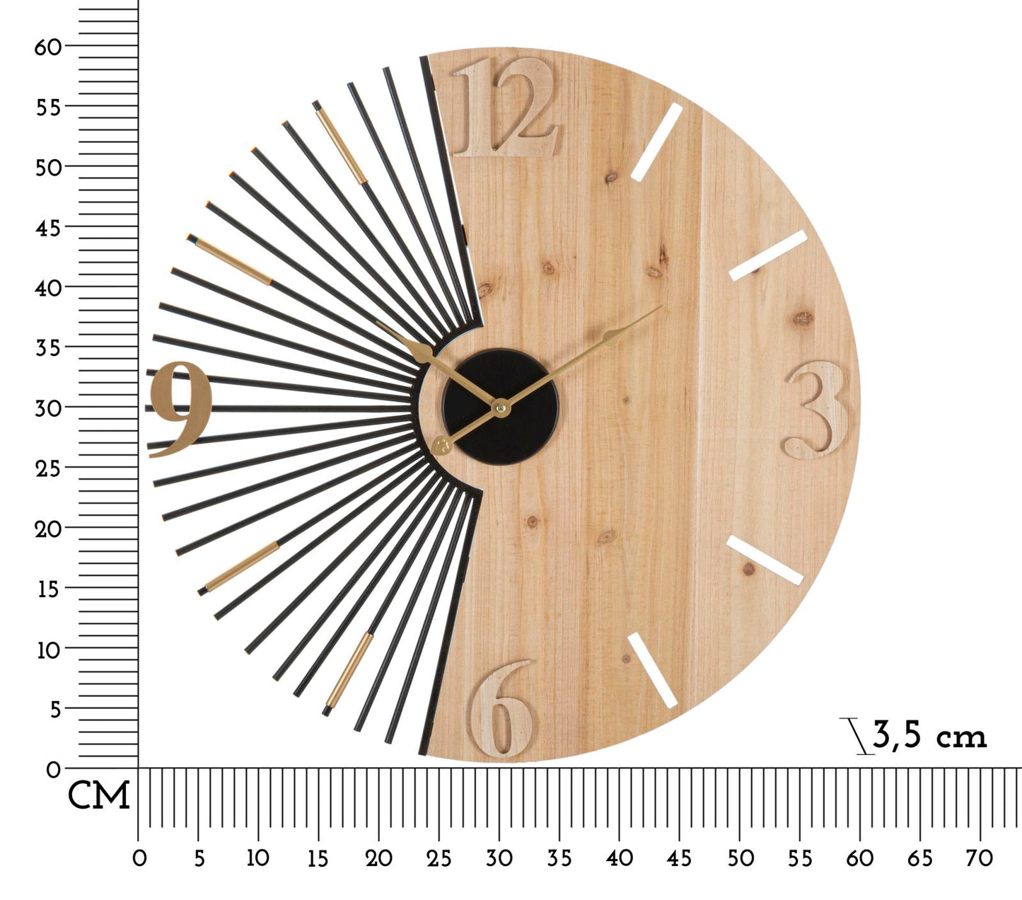 Orologio da Parete Éclat Wood | Orologio Decorativo in Legno e Metallo Nero e Oro | Design Moderno e Geometrico | Ø 60 cm