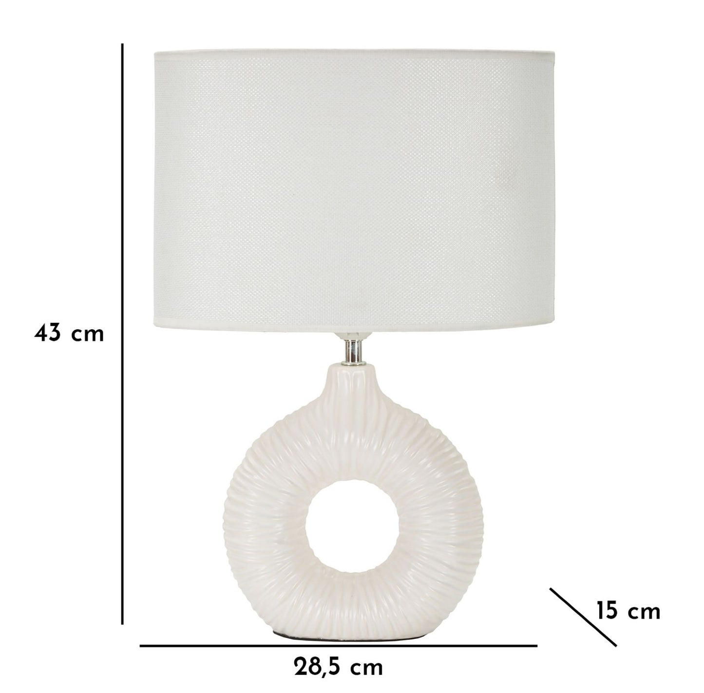 Lampada da Tavolo in Ceramica Bianca con Base ad Anello e Paralume in Tessuto