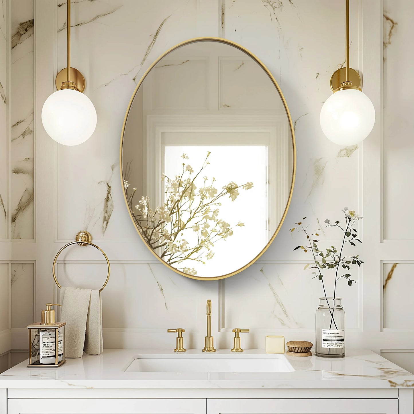 Specchio ovale dorato da bagno e parete, cornice in metallo decorativo moderno - AESSEWOOD