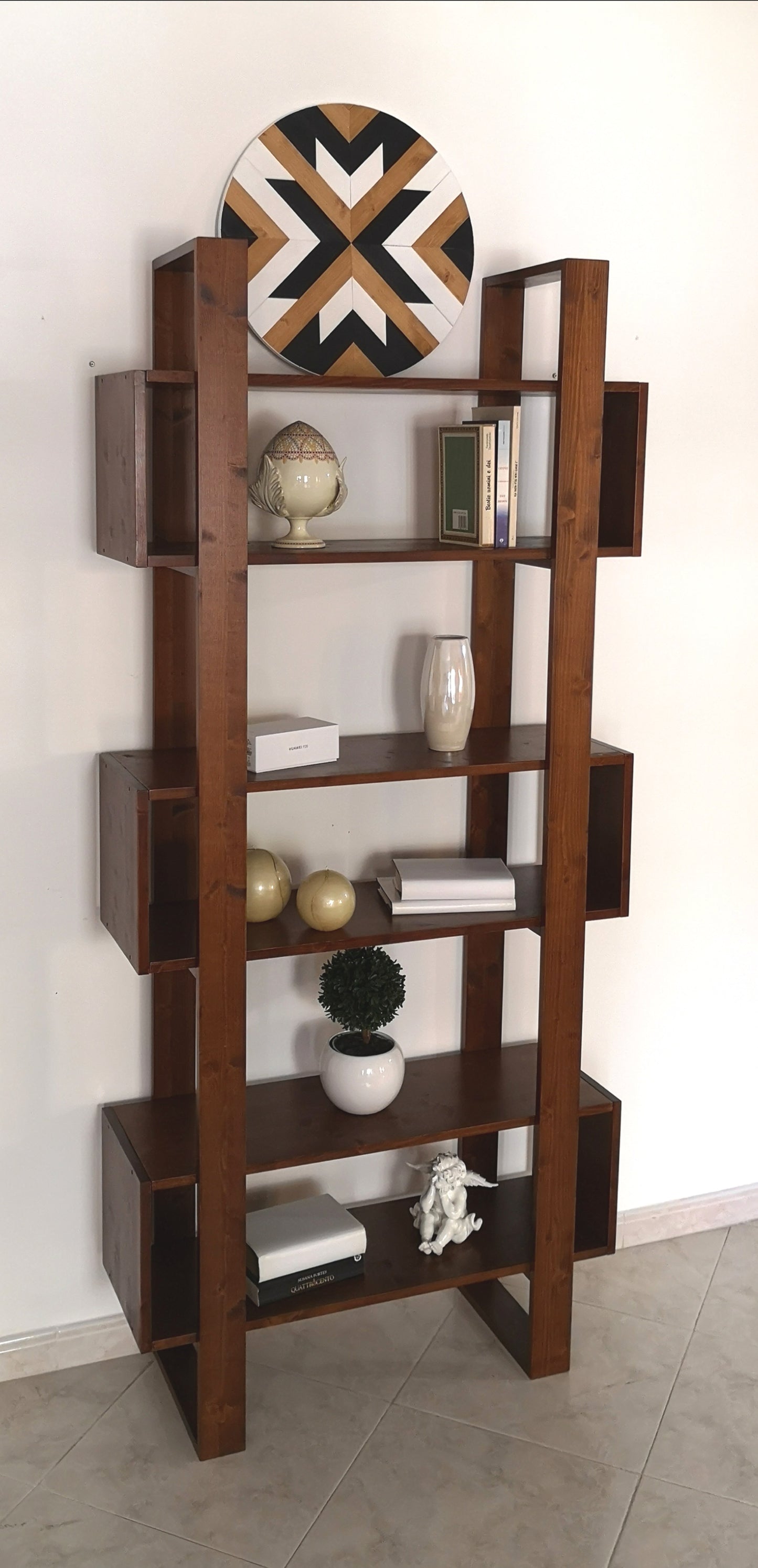 Libreria moderna design vintage scaffale in legno massello noce scuro- PLATONE - AESSEWOOD