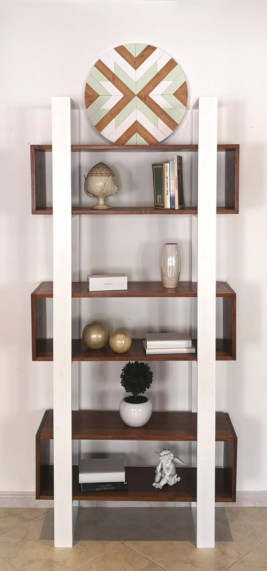 Libreria moderna design vintage scaffale In legno massello Bianco/Noce- PLATONE - AESSEWOOD
