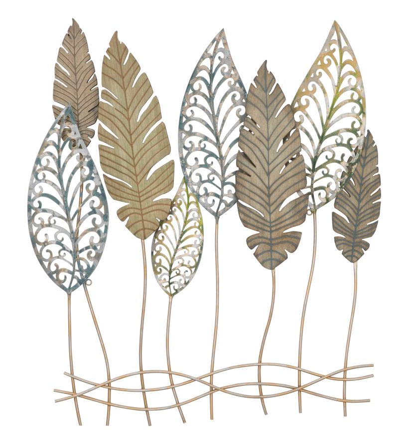 Foglie Eden Royale – Scultura Murale in Metallo e Legno, Pannello Decorativo Botanico da Parete, Design Moderno per Soggiorno, Ingresso e Camera, 75x87 cm