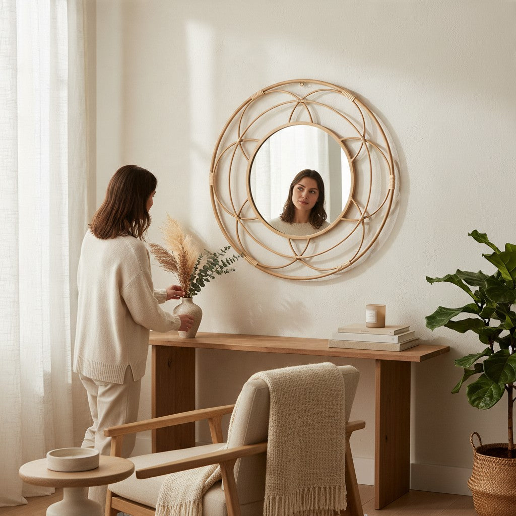 Specchio da Parete “Valencia Royale” | Specchio Rotondo con Cornice Geometrica Dorata | Design Elegante e Raffinato Ø 60 cm