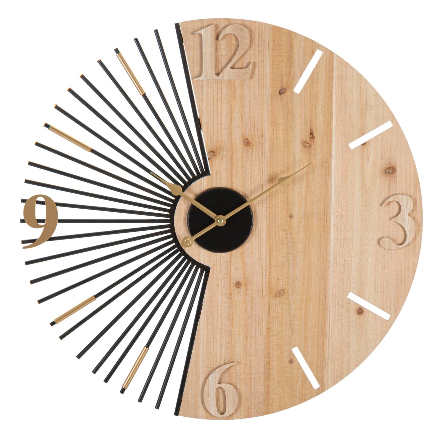 Orologio da Parete Éclat Wood | Orologio Decorativo in Legno e Metallo Nero e Oro | Design Moderno e Geometrico | Ø 60 cm