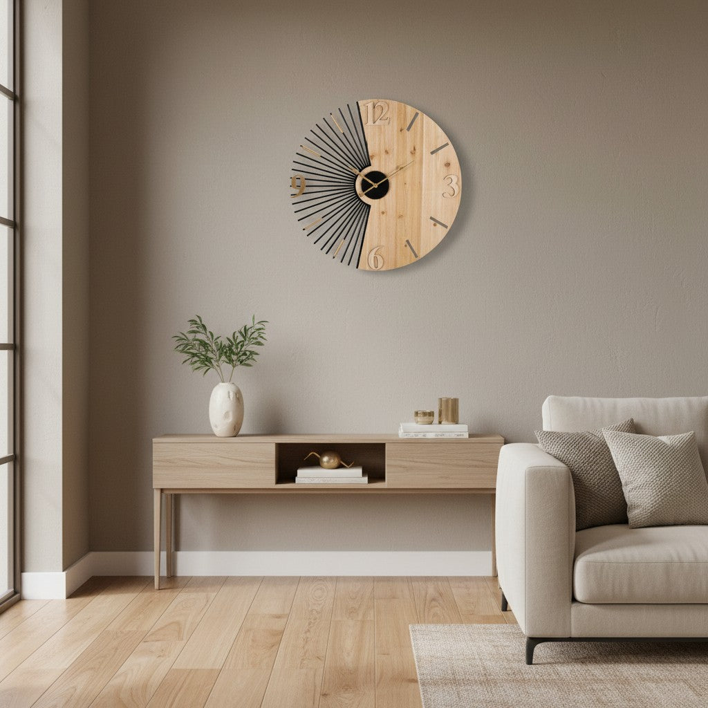 Orologio da Parete Éclat Wood | Orologio Decorativo in Legno e Metallo Nero e Oro | Design Moderno e Geometrico | Ø 60 cm - AESSEWOOD 
