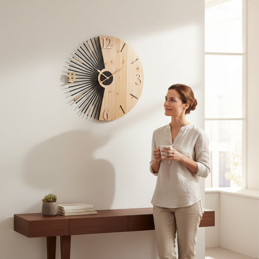 Orologio da Parete Éclat Wood | Orologio Decorativo in Legno e Metallo Nero e Oro | Design Moderno e Geometrico | Ø 60 cm - AESSEWOOD 