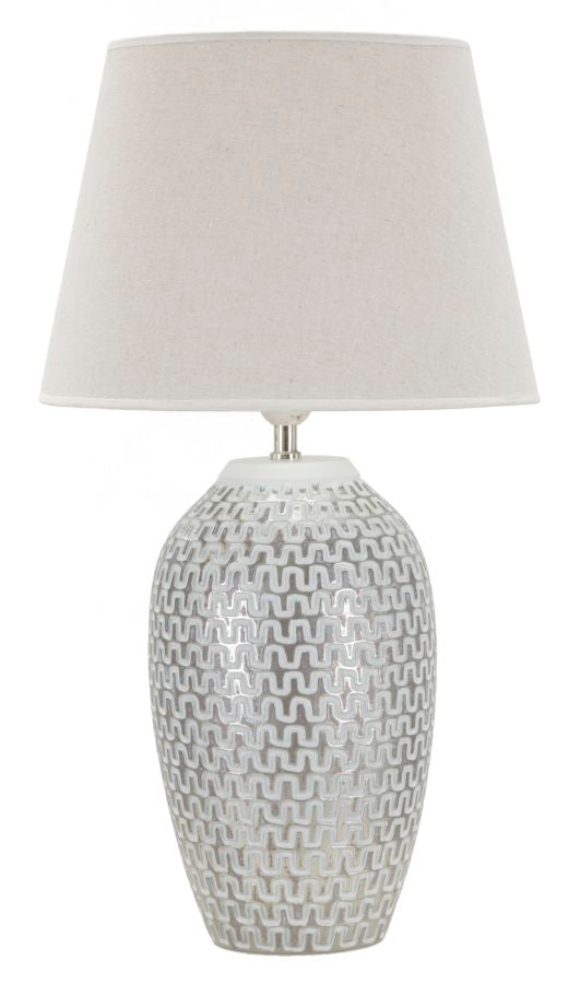 Lampada da Tavolo in Ceramica con Texture Geometrica e Paralume in Lino Naturale