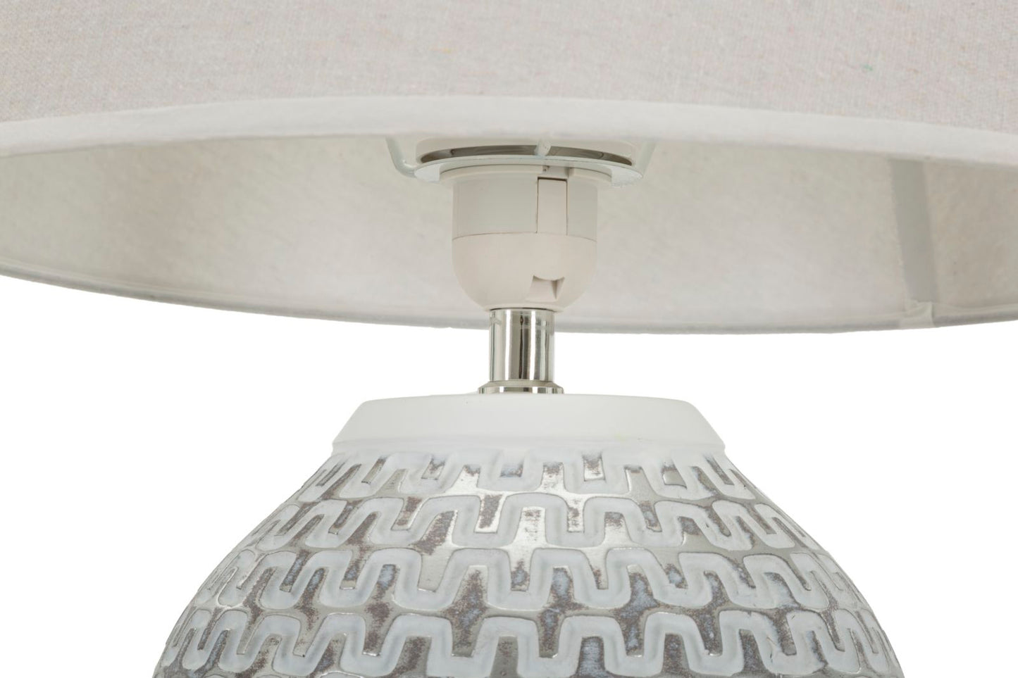 Lampada da Tavolo in Ceramica con Texture Geometrica e Paralume in Lino Naturale