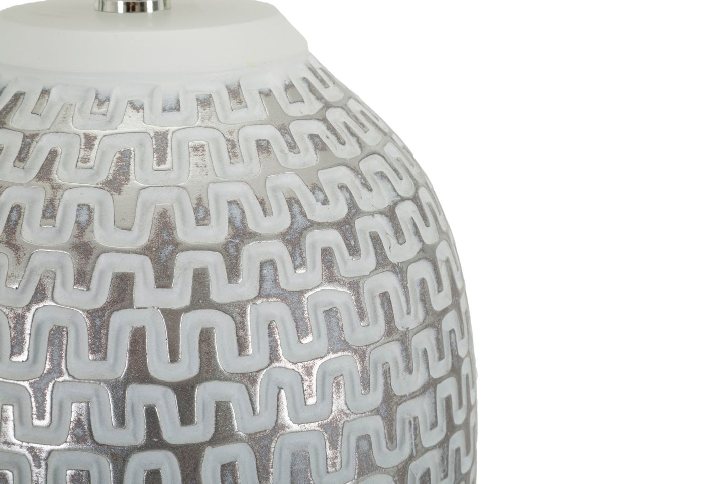 Lampada da Tavolo in Ceramica con Texture Geometrica e Paralume in Lino Naturale