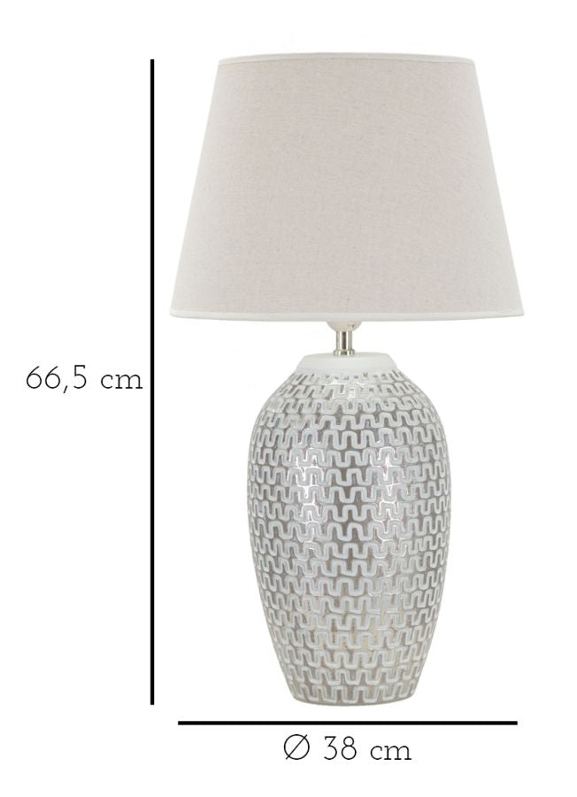 Lampada da Tavolo in Ceramica con Texture Geometrica e Paralume in Lino Naturale