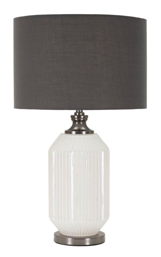 Lampada da Tavolo in Vetro Bianco Rigato con Paralume Grigio – Design Moderno