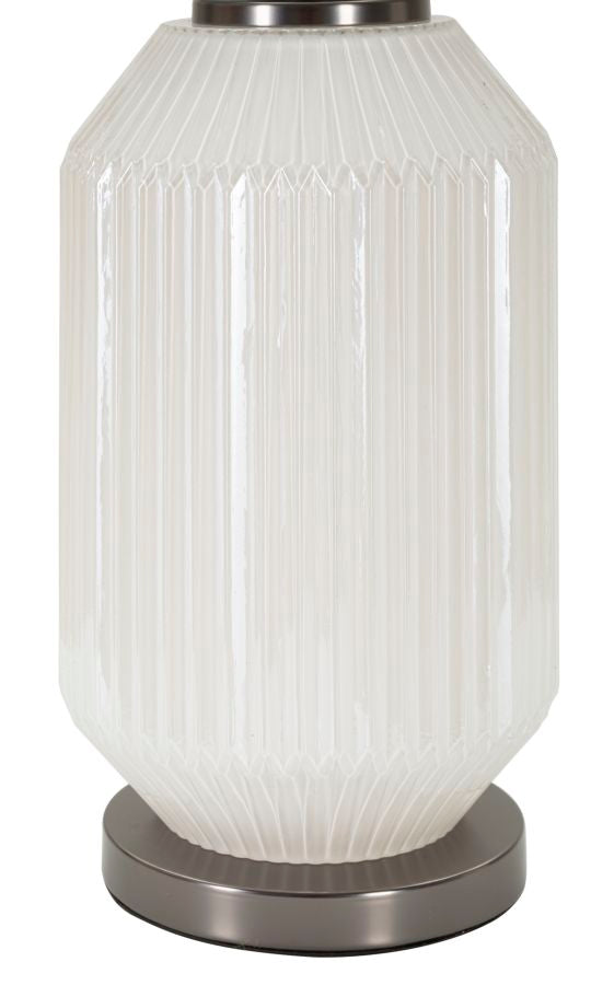 Lampada da Tavolo in Vetro Bianco Rigato con Paralume Grigio – Design Moderno