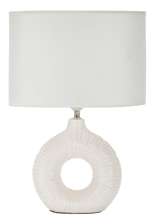 Lampada da Tavolo in Ceramica Bianca con Base ad Anello e Paralume in Tessuto