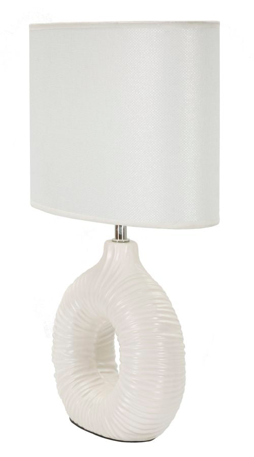 Lampada da Tavolo in Ceramica Bianca con Base ad Anello e Paralume in Tessuto