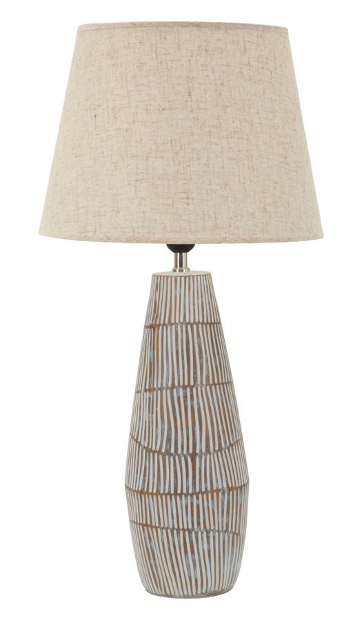 Lampada da Tavolo in Resina con Texture Materica e Paralume in Lino Naturale