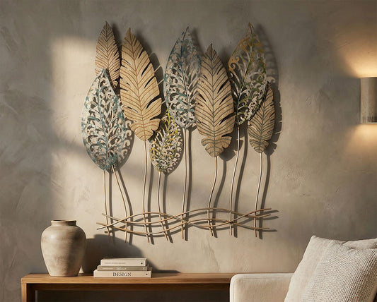 Foglie Eden Royale – Scultura Murale in Metallo e Legno, Pannello Decorativo Botanico da Parete, Design Moderno per Soggiorno, Ingresso e Camera, 75x87 cm