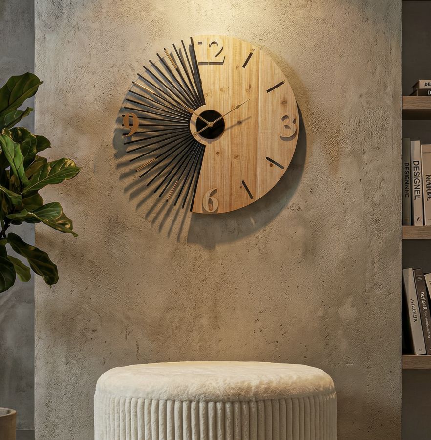 Orologio da Parete Éclat Wood | Orologio Decorativo in Legno e Metallo Nero e Oro | Design Moderno e Geometrico | Ø 60 cm