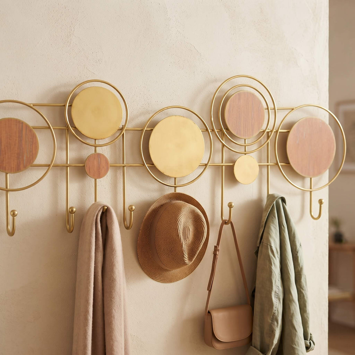 Appendiabiti Aurea Circles – Attaccapanni da Parete in Metallo Oro e Legno, Design Moderno, Porta Abiti per Ingresso, corridoio