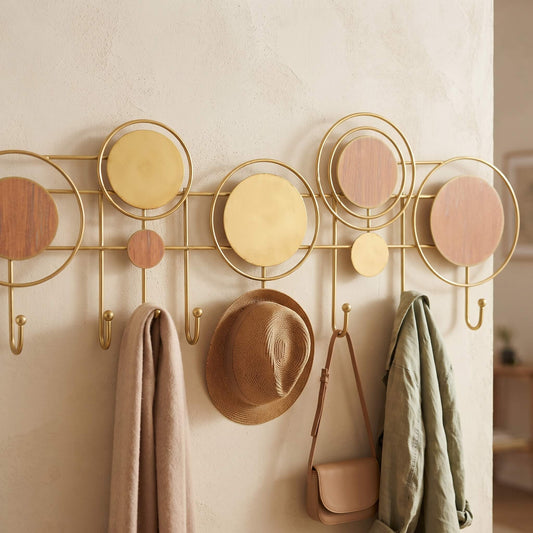 Appendiabiti Aurea Circles – Attaccapanni da Parete in Metallo Oro e Legno, Design Moderno, Porta Abiti per Ingresso, corridoio - AESSEWOOD 