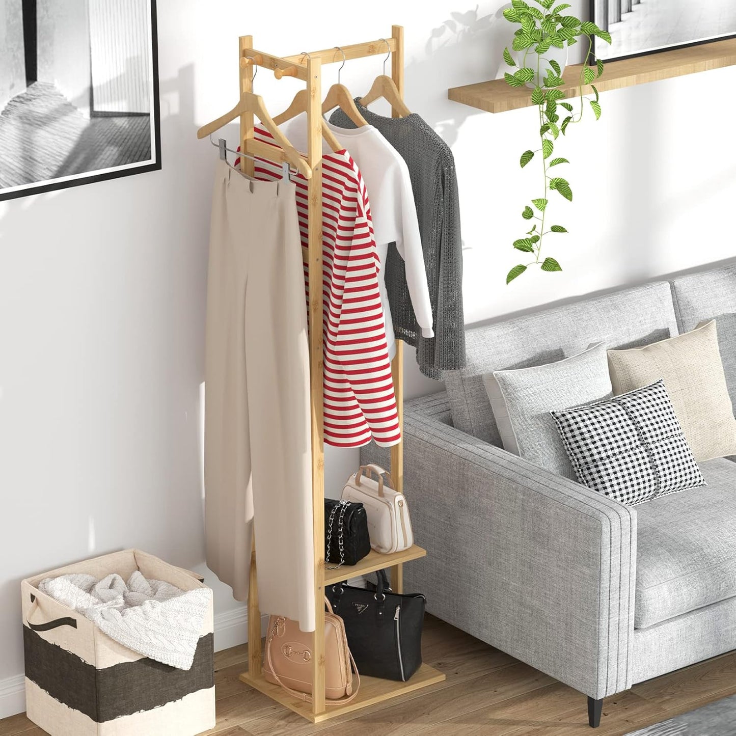 Appendiabiti in Bambù Naturale con Ripiani Multiuso – Organizer Salvaspazio per Abiti, Scarpe e Accessori