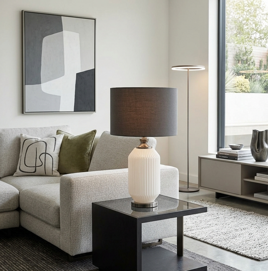 Lampada da Tavolo in Vetro Bianco Rigato con Paralume Grigio – Design Moderno - AESSEWOOD 