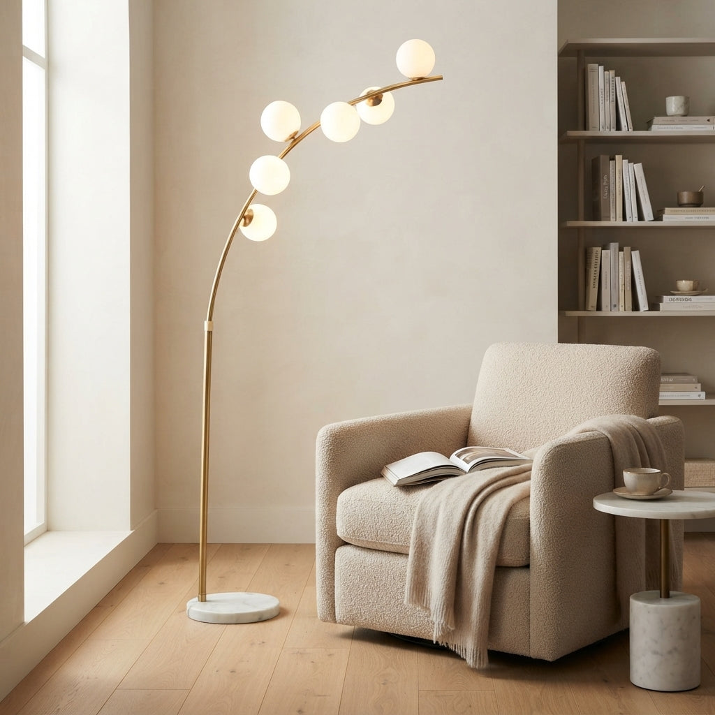 Lampada da Terra “Luminara Arc” | 6 Luci LED Decorative | Lampada ad Arco Dorata | Design Elegante e Moderno | Illuminazione Living