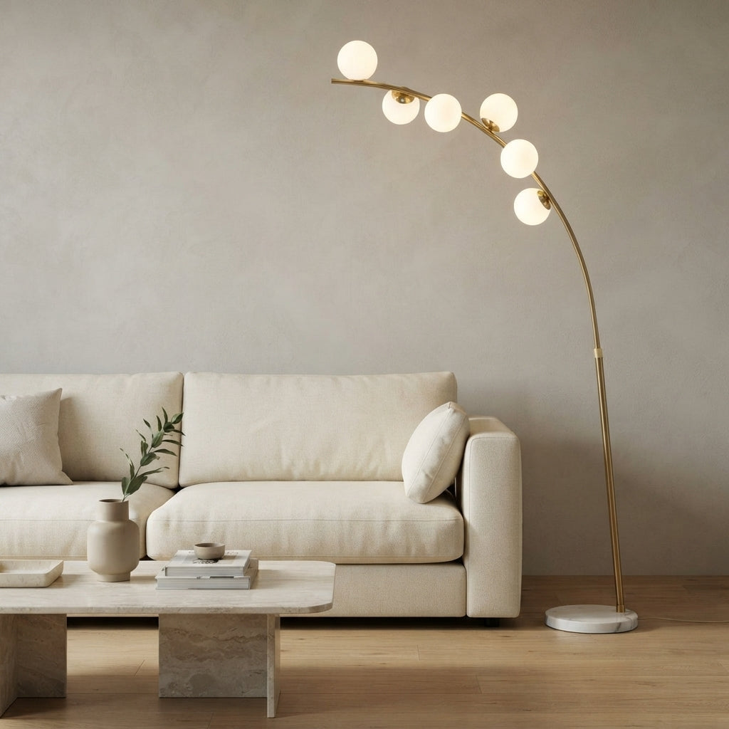 Lampada da Terra “Luminara Arc” | 6 Luci LED Decorative | Lampada ad Arco Dorata | Design Elegante e Moderno | Illuminazione Living