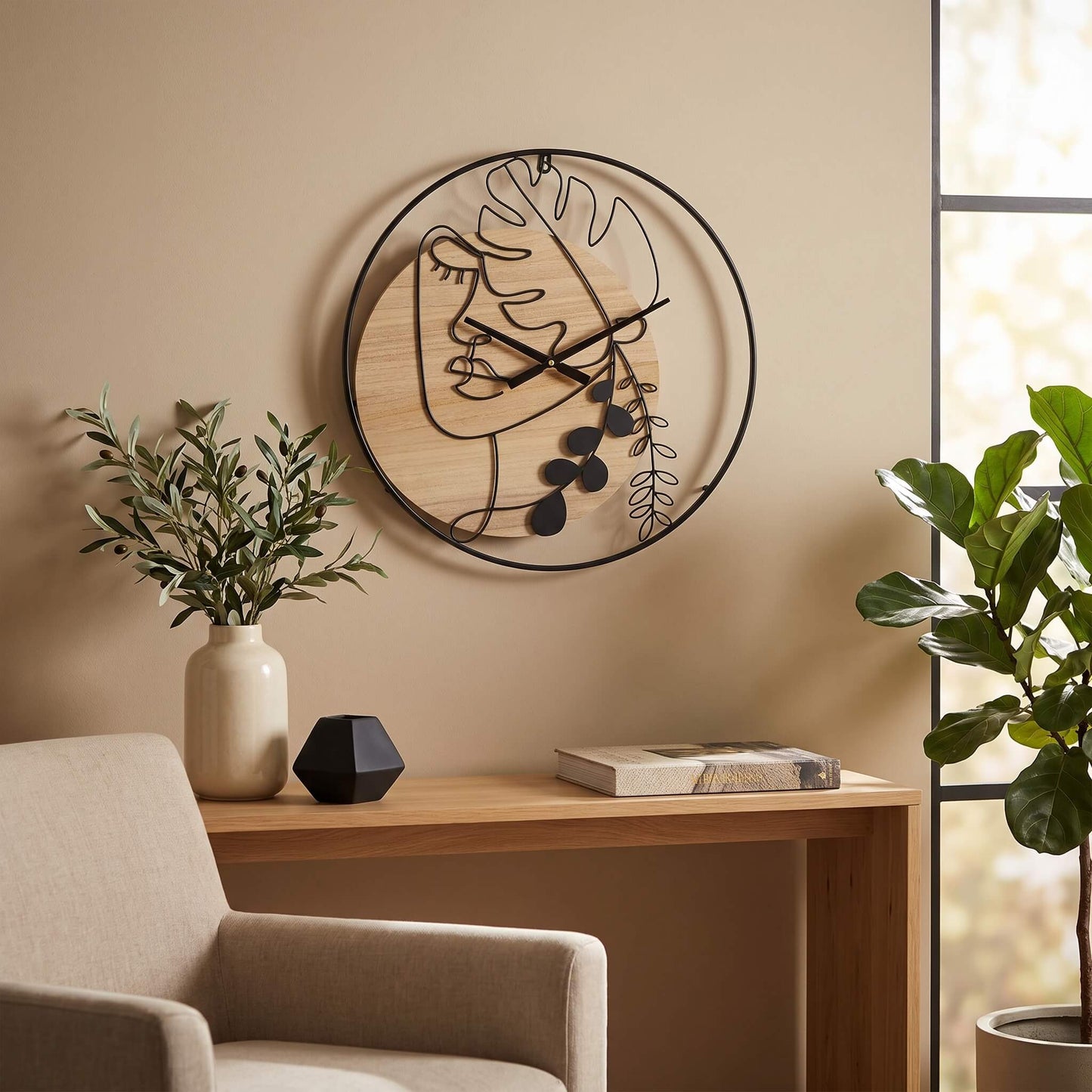 Orologio da Parete ARTEA Nature – Orologio Moderno Decorativo in Legno e Metallo Nero, Design Artistico, Ø 60 cm