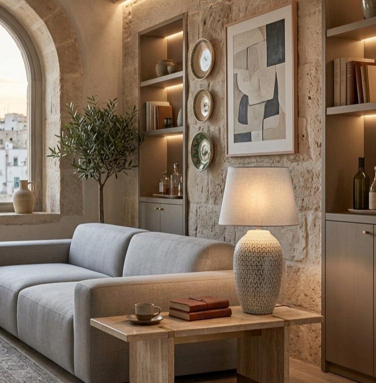 Lampada da Tavolo in Ceramica con Texture Geometrica e Paralume in Lino Naturale - AESSEWOOD 