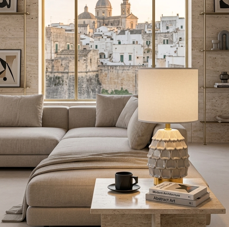 Lampada da Comodino con Base in Ceramica e Paralume in Tessuto Naturale