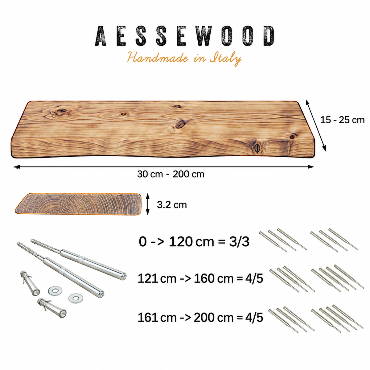 Mensola Rustica - MARTE in legno massello - Profondità 15 cm. (Copia) - AESSEWOOD 