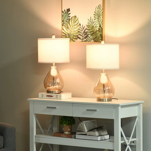 Set di 2 lampade da tavolo in vetro con paralume in lino – luce calda per soggiorno e camera - AESSEWOOD 