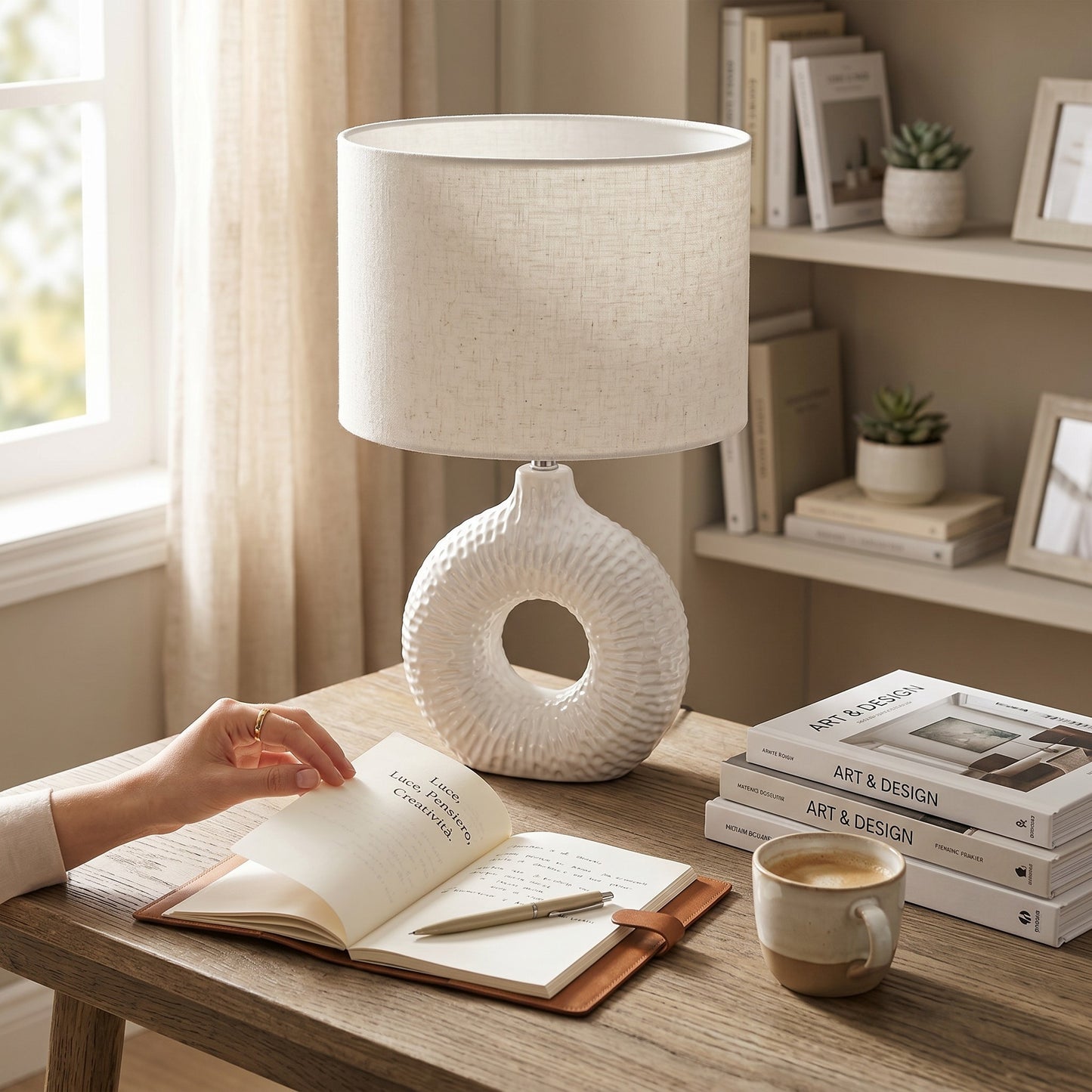 Lampada da Tavolo in Ceramica Bianca con Base ad Anello e Paralume in Tessuto