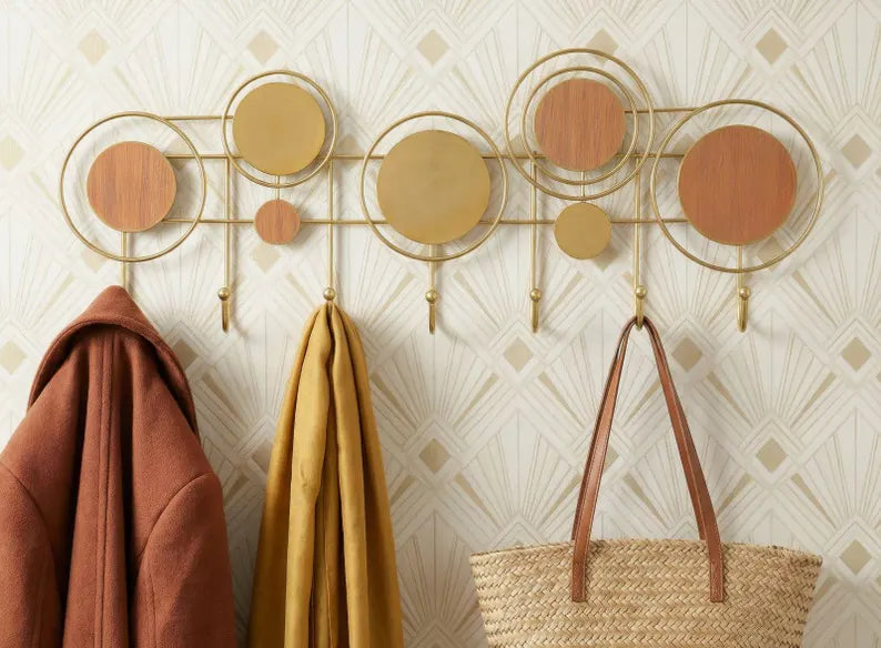 Appendiabiti Aurea Circles – Attaccapanni da Parete in Metallo Oro e Legno, Design Moderno, Porta Abiti per Ingresso, corridoio