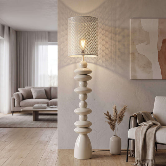 Lampada da Terra Lumière Sculptural | Piantana Elegante con Paralume Decorativo Intagliato | Design Moderno | 33 × 160 cm - AESSEWOOD 