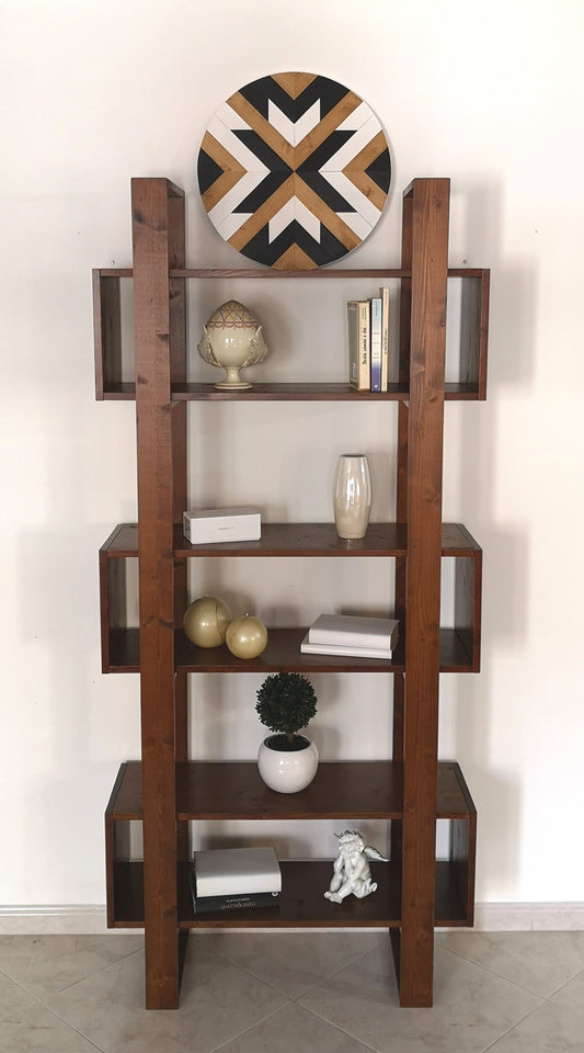 Libreria moderna design vintage scaffale in legno massello noce scuro- PLATONE - AESSEWOOD