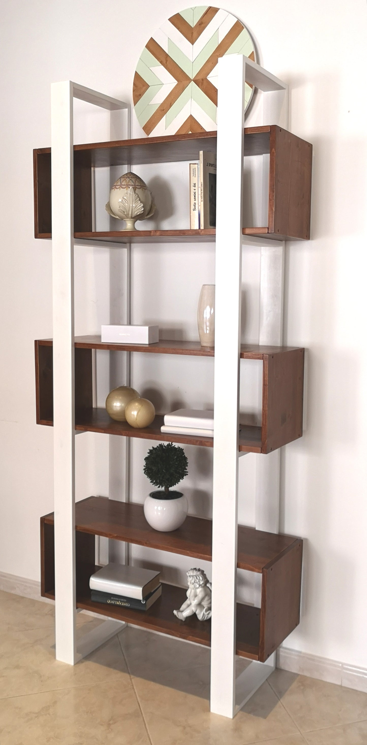 Libreria moderna design vintage scaffale In legno massello Bianco/Noce- PLATONE - AESSEWOOD