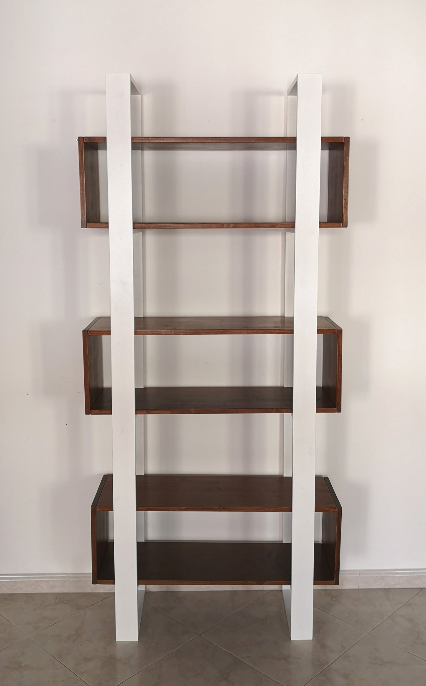 Libreria moderna design vintage scaffale In legno massello Bianco/Noce- PLATONE - AESSEWOOD