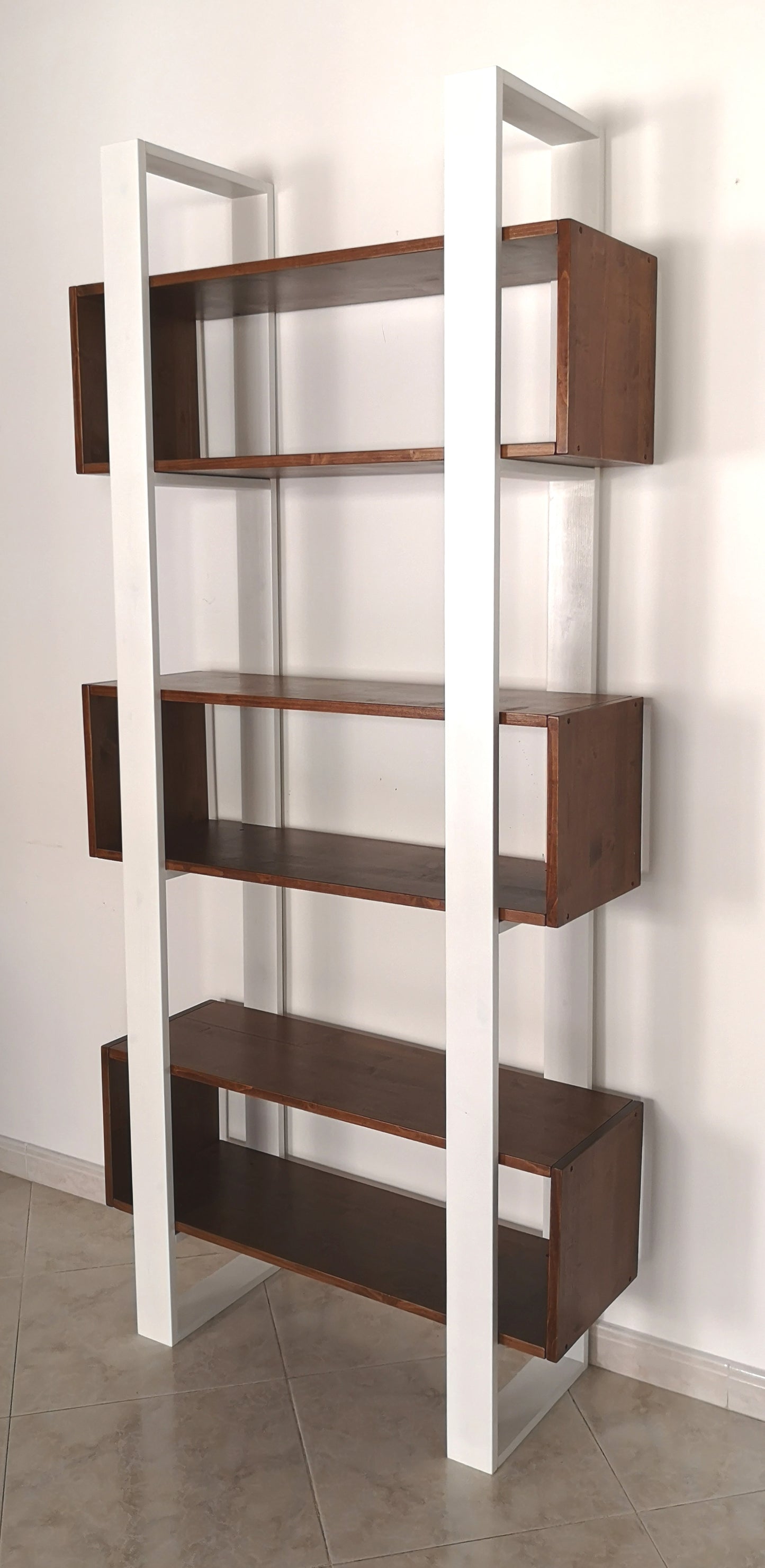 Libreria moderna design vintage scaffale In legno massello Bianco/Noce- PLATONE - AESSEWOOD